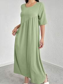 Mulvari Women's Casual Olive Green Long Dress: Semi-Sheer Woven Fabric, Short Sleeves, And A Round Neckline - Olive Green - View 4