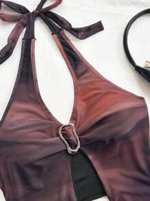 Soleia 女士复古扎染印花露背系带金属扣合身不对称下摆荷叶边下摆背心，适合度假、约会、派对、海滩、音乐节 - 彩色 - 查看 3