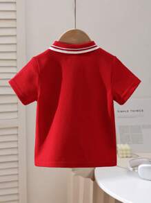 SHEIN Playful Pals 嬰兒男童波羅領刺繡短袖T恤 紅白配色 夏季休閒男童服裝 開學日職業日適用 可愛時尚 - 紅色 - 查看 2