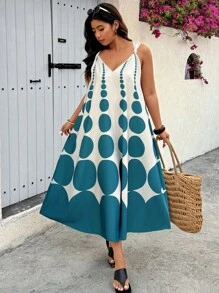 Breezaya Plus Size Teal Blue And White Polka Dot Midi Dress: Casual Summer Spaghetti Strap Dress With Ruffle Hem - Multicolor - View 4