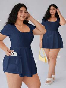 SHEIN EZwear 大码女式纯色短袖休闲连体裤，日常穿着，春夏服装，藏蓝色 - 藏蓝色 - 查看 6