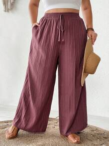 SHEIN CURVE+ 大码女装新款春夏商务休闲女士沙滩装，时尚通勤优雅阔腿裤，带口袋，海滩度假装 - 中紫紅色 - 查看 6