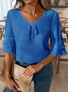 SHEIN LUNE Women Casual Ruffled V-Neck Short Sleeve Linen Blouse Shirt - Royal Blue - View 6