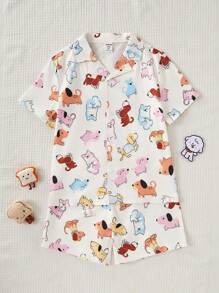 2pcs/Set Tween Girl' Casual Dog Doodle Button-Front Short Sleeve Top And Shorts Loungewear Set Pj Set For Kids Pajama Girl Set