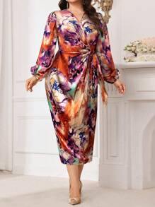 Modelyn 大码 V 领长袖全身印花腰带修身优雅迷人连衣裙长款晚礼服 - 橘色 - 查看 4