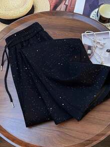 Franclia Pantalones rectos de pierna ancha, cintura elástica y estampado de cielo estrellado - Negro - Ver 2