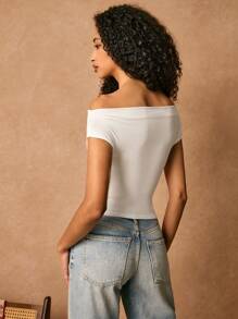 Poéselle Women's Elegant White Off Shoulder Pleated Slim Fit Casual Blouse,Summer Brunch One-Line Shoulder Top,Button Decoration Comfortable Breathable T-Shirt - White - View 5