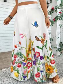 SHEIN VCAY Pantalon palazzo casual à jambe large avec imprimé floral grande taille