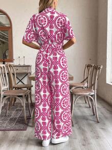 Breezaya 女式花卉印花短袖单排扣休闲衬衫搭配连体裤 - 玫紅色 - 查看 2