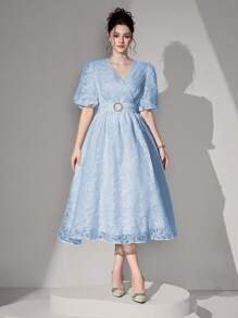 Poshira Batik Print Cross V-Neck Cinched Waist Midi A-Line Dress For Women
