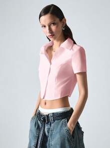 SHEIN EZwear 女式夏季梭织纽扣衬衫 - 粉色 - 查看 4