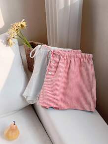 Comfortcana 2 chiếc quần short kẻ sọc vải lanh cho nữ - Đỏ và trắng - Xem 4