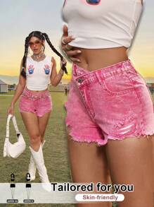 SHEIN PETITE Pantalones cortos vaqueros desgastados para mujer, pantalones cortos casuales ajustados, color rosa