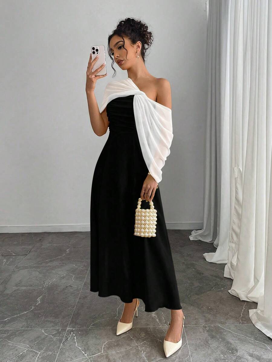 SHEIN Unity Women's Solid Color Elegant Long Dress With Shawl, Spring/Summer - Black - View 1