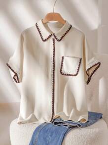 CosyJoli Plus Size Casual Contrast Trim Short Sleeve Shirt, Minimalist And Fashionable For Summer