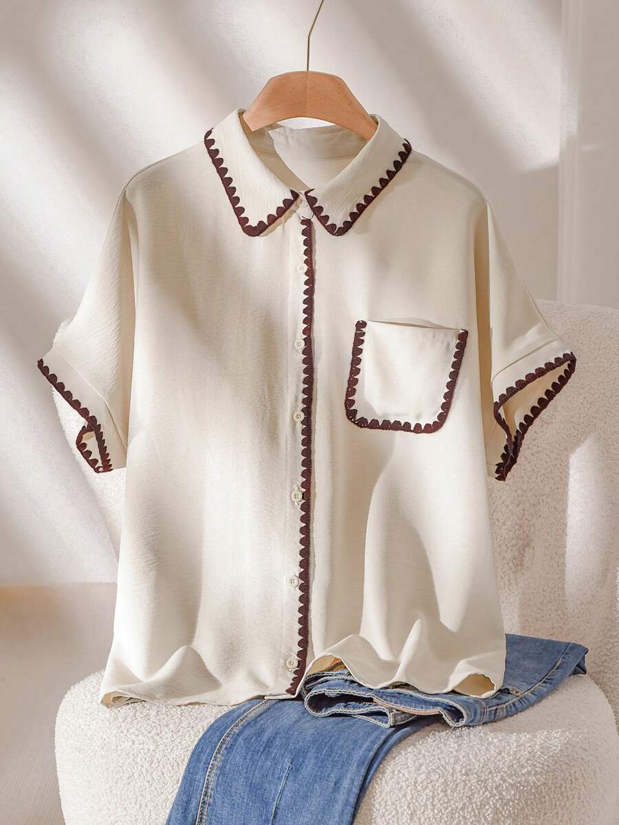CosyJoli Plus Size Casual Contrast Trim Short Sleeve Shirt, Minimalist And Fashionable For Summer
