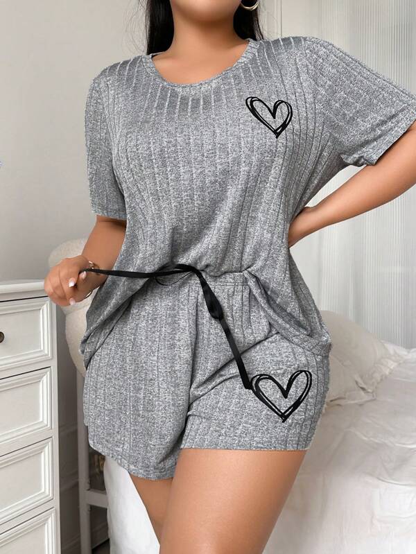 SHEIN Simplistic Heart Print Knitted Ribbed Comfy Lounge Sleepwear Set