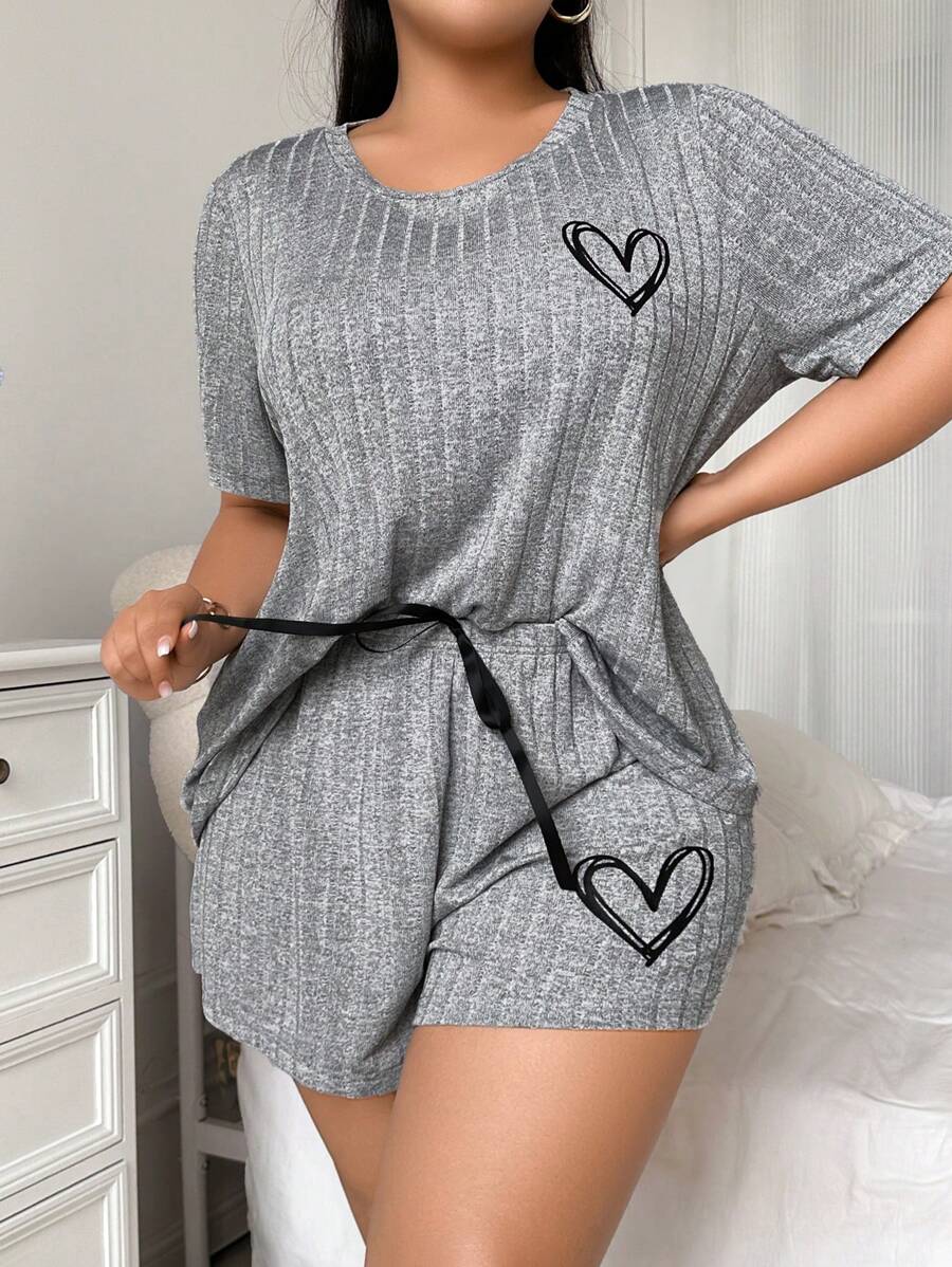 Snug Zone Conjunto de pijama cómodo de punto acanalado con estampado de corazón simple, tallas grandes - Gris - Ver 1