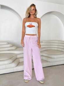 Chiquease Women's Drawstring Tie Plaid Casual Straight Leg Pants - Pink - View 5