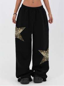 青少年街头服饰 酷炫迷彩与五角星印花纯色针织松紧腰宽松运动裤 - 黑色 - 查看 3