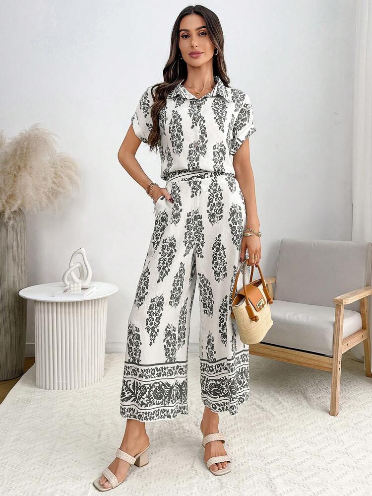 Conjunto de 2 piezas para mujer: Camisa y pantalones a juego con estampado all-over para tiempo libre y vacaciones, conjunto de verano de dos piezas