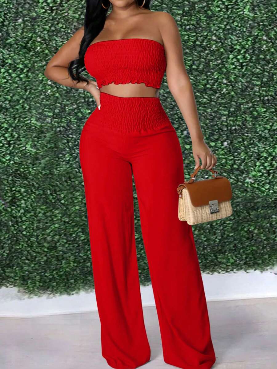 SHEIN LUNE Set de 2 piezas pantalón ancho y top cropped de tubo de unicolor para verano - Rojo - Ver 1