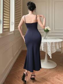 DAZY 女式撞色拼布吊带裙，纯色简约时尚，适合夏季舞会礼服优雅太阳裙 - 藏蓝色 - 查看 5