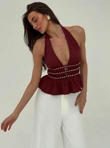 Aloruh Regata Feminina Sexy com Decote em V Profundo, Bainha com Babado e Tachas - Vinho - Visão 6