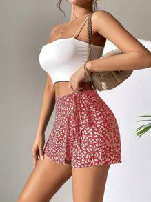 SHEIN PETITE 小碎花印花结饰侧裹下摆夏季短裙 - 粉色 - 查看 4