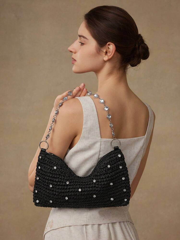 WOMEN'S RESORT STRAW RHINESTONE EMBELLISHED SHOULDER BAG