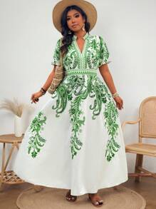 SHEIN Clasi Đầm thường ngày tay ngắn in họa tiết cổ đứng cỡ lớn - Nhiều màu - Xem 7