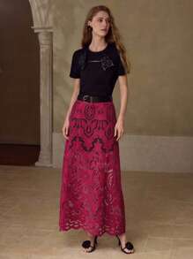 MOTF PREMIUM 3-IN-1 CONTRAST LACE BELTED MID-LENGTH DRESS - Burgundy - View 3