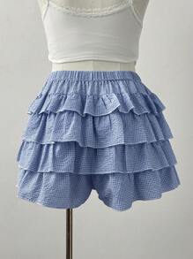 Sweetra Plus Size Women's Princess Ruffled Bow Decor Casual Shorts, Summer Vacation - Blue - View 2