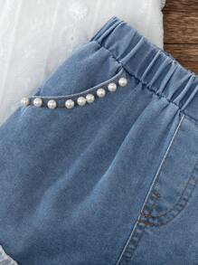 2pcs Girls Summer Stylish Cute Set, Floral Lace Sleeveless Top With Denim Shorts Decorated With Pearls, Korean Version - White - View 5
