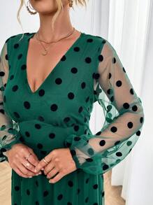 SHEIN Clasi Vestido maxi con mangas linterna, estampado de lunares y malla para mujer de talla grande