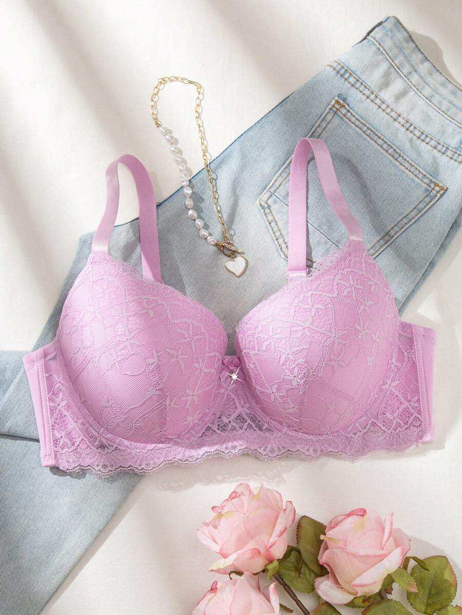 1pc Sexy Lace Elegant Comfortable Gathering Adjustable Underwire Anti-Sagging Push-Up Plus Size Lingerie Bra For Women, Lift - Pink - View 1