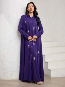 Veilorie Women's Elegant Rhinestone Embellished Dress, Modest - Purple - View 4