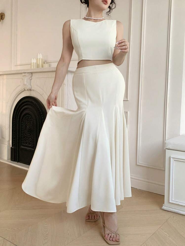 2pcs/Set Women Solid Crew Neck Sleeveless Crop Top And Fish Tail Midi Skirt Outfit