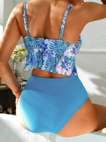 Swim Lushoire Women's Push-Up Gather Ruffle Hem Tropical Printed Hollow Out Twist Swimsuit Set With High Waist Tummy Control Swim Bottoms For Summer Beach Vacation - Multicolor - View 2