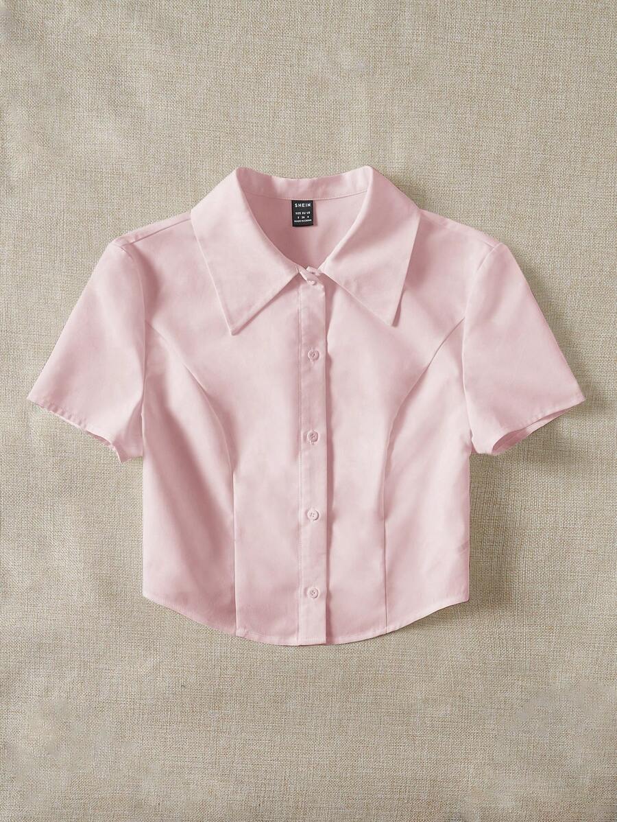 SHEIN EZwear 女式夏季梭织纽扣衬衫 - 粉色 - 查看 1