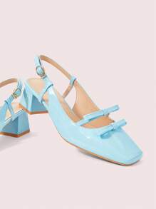CUCCOO DOLLMOD New Vintage Mary Jane Pumps With Bow Cutout, French Stylish Chunky High Heels - Blue - View 2