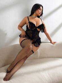 SpicyHot Set de 3 piezas de ropa interior tipo lencería de talla grande con aplicaciones de encaje - Negro - Ver 7