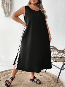 SHEIN CURVE+ 大码纯色编织宽松无袖水溶性蕾丝女式长裙、休闲裙、度假裙波西米亚风度假 - 黑色 - 查看 6