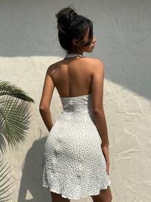 MainGRL 女士碎花前系带挂脖迷你连衣裙 - 米色 - 查看 2