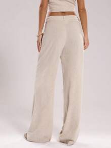 SHEIN BAE Pantalon ample à taille haute et jambe large en lin beige clair pour femme, couleur unie, décontracté, convient pour le port quotidien, les vacances, le bureau, le printemps et l'été