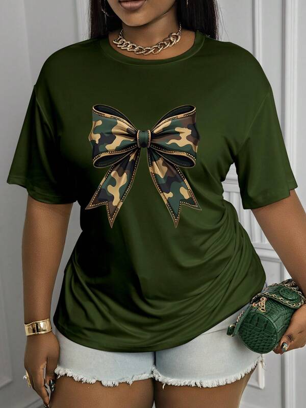 Maweii Ladies Camouflage Bow Pattern Short Sleeve T-Shirt, Spring And Summer Casual Top, Green Fashion Color Pattern, Casual Fashion Style T-Shirt, Plus Size Women Clothing.