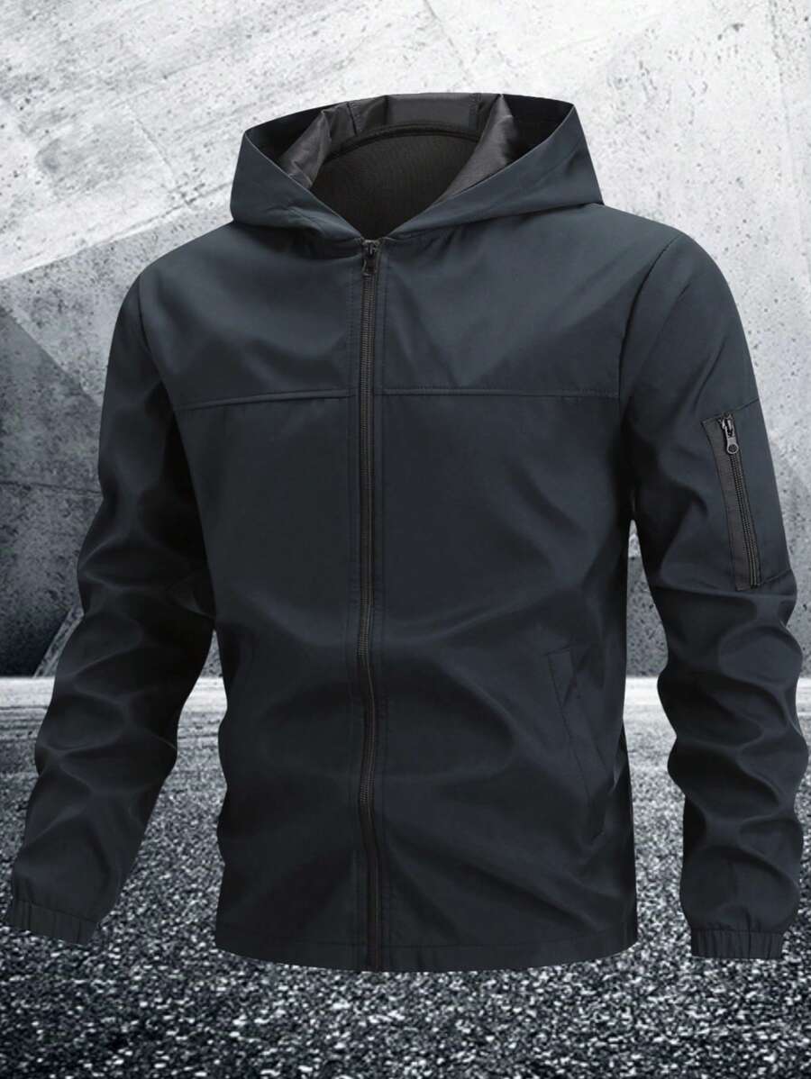 Manfinity Homme Men Light Grey Fabric Hooded Long Sleeve Outdoor Jacket For Sports And Outdoor Activities,Tech Wear Jacket, Fall - Dark Grey - View 1