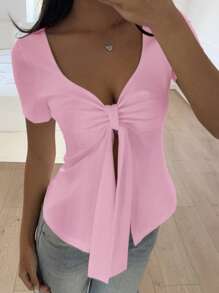 SHEIN EZwear Camiseta de mujer casual de punto rosa con abertura y cordón en la manga corta