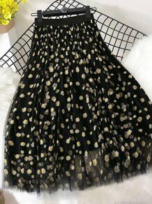 Flirla Plus Size Women's Delicate Daisy Print Black Mesh Maxi Skirt With Elastic Waist, Appropriate For Spring, Summer, Casual, Office, Date, Elegant - Black - View 1