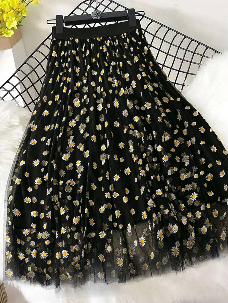 Flirla Plus Size Women's Delicate Daisy Print Black Mesh Maxi Skirt With Elastic Waist, Appropriate For Spring, Summer, Casual, Office, Date, Elegant - Black - View 1